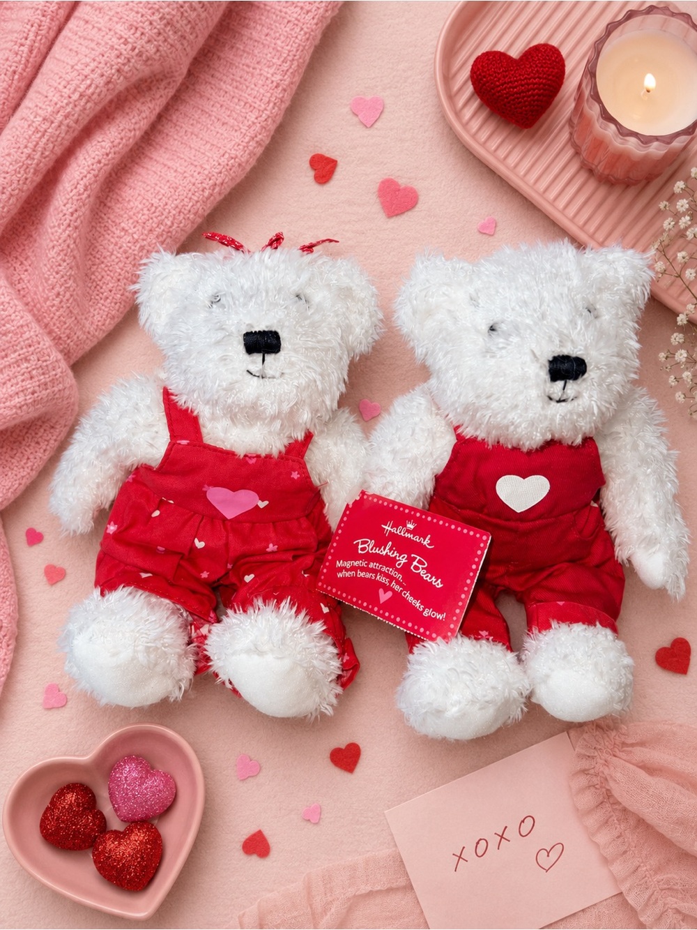 Retro Hallmark White Plush Kissing Bears in Red Outfits